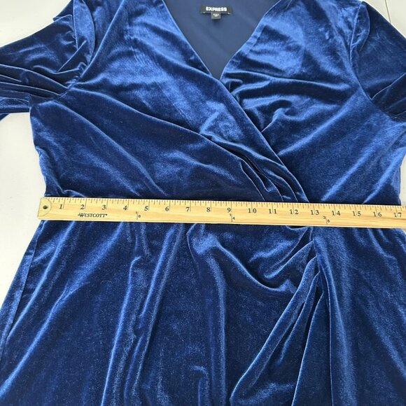 Express Faux Wrap Mini Dress Size XL Navy Blue Velvet Ruched - Picture 8 of 11